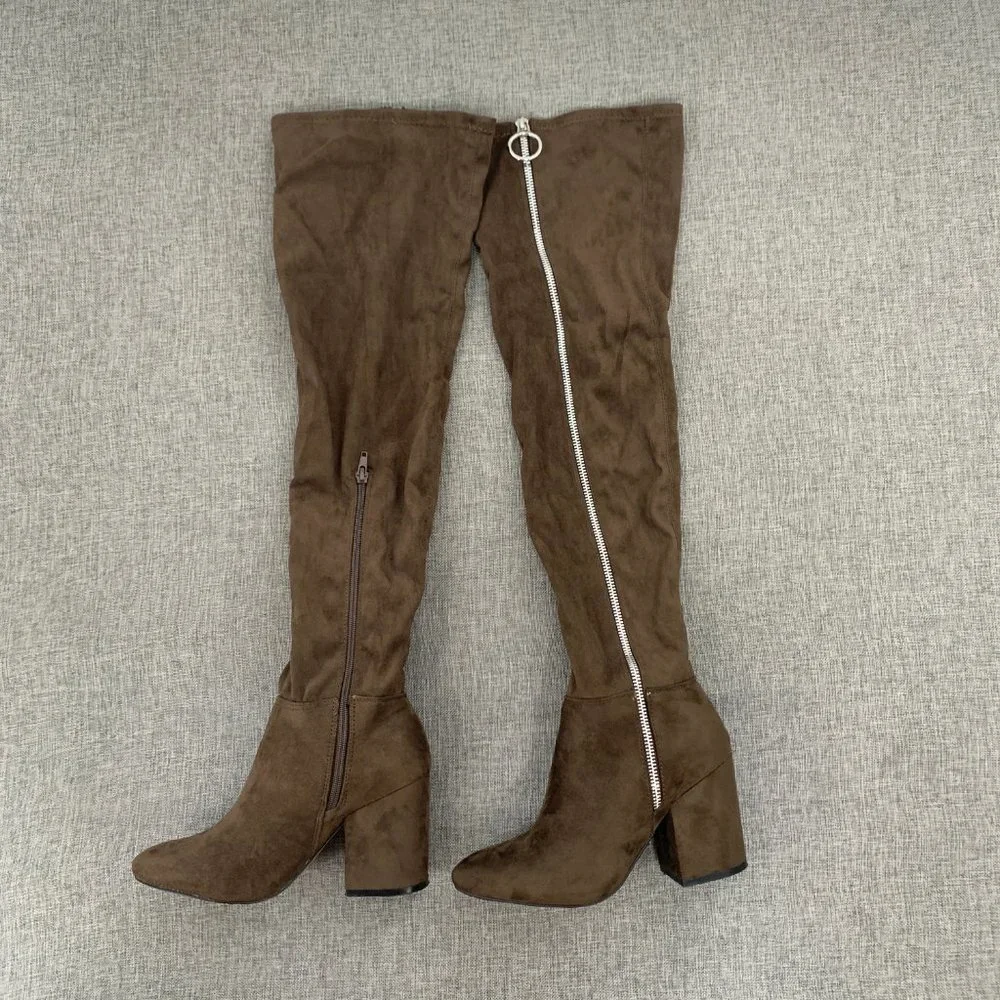 Shoe Dazzle Over The Knee Sexy Suede Boots Brown Zipper Block 3.25